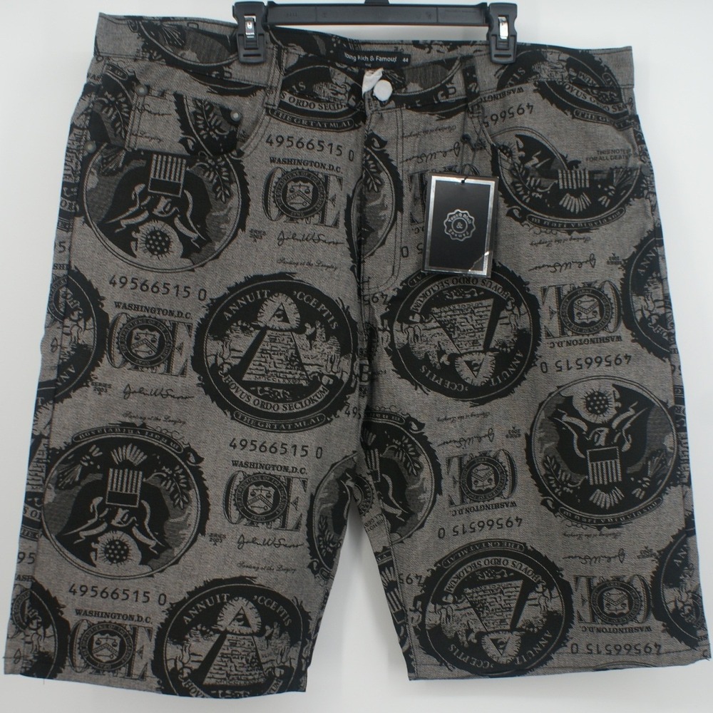 Young Rich & Famous Mens Money Print Denim Shorts Grey Black Size 44 NWT Trap